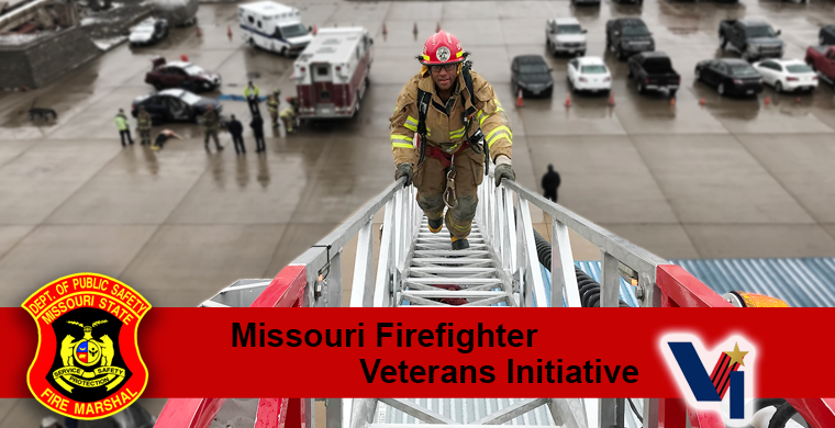 Missouri National Guard soldier Bryan Like ascends an aerial ladder as part of the Missouri Firefighter Veterans Initiative on Feb. 19, 2018
